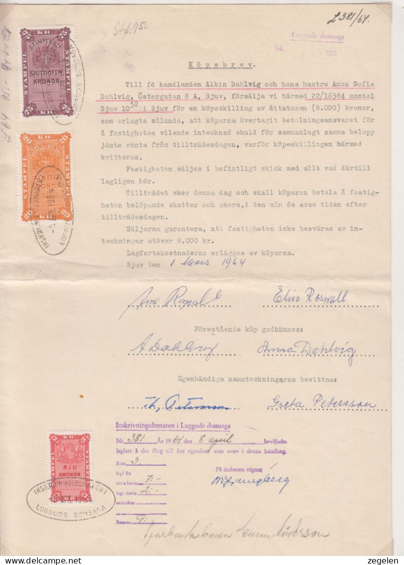 Zweden Fiskale Zegel Cat. Barefoot : Staempel (Adjustments) 49A+45A+50 Op Volledig Document - Revenue Stamps