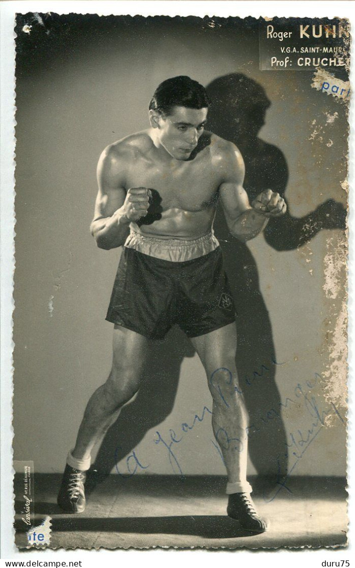 PHOTO SPORT BOXE Dédicace Autographe à Jean Pierre ... * Roger KUHN V.G.A. SAINT MAUR Prof. CRUCHET - Autogramme