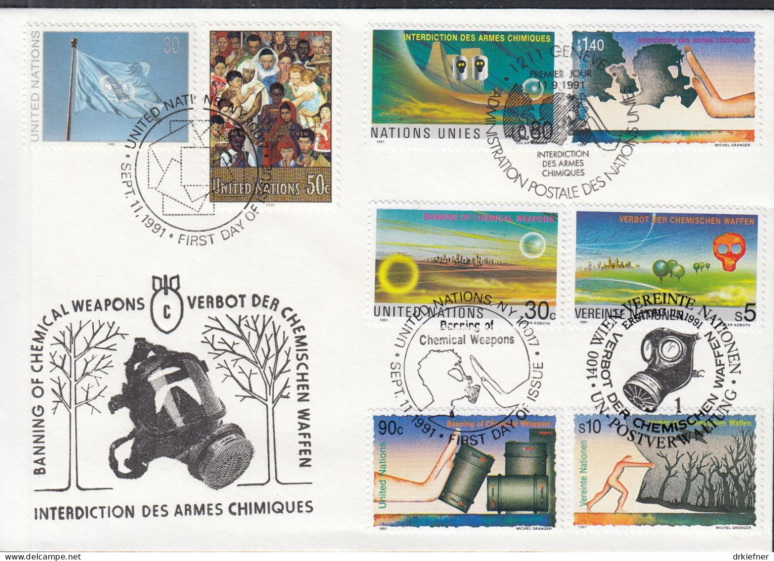 UNO NEW YORK  Trio-FDC 617-620, Mit G + W, Verbot Von Chemiewaffen, 1991 - New York/Geneva/Vienna Joint Issues