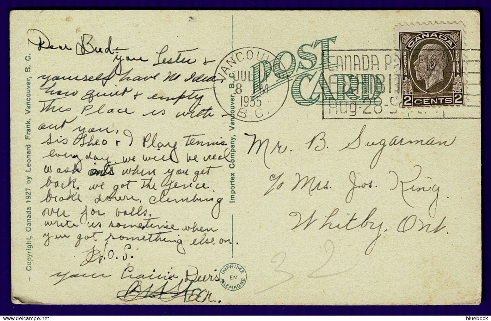 Ref 1636 - Canada - 1935 Postcard With Slogan " Canada Printing Exhibition" 28th August - Brieven En Documenten