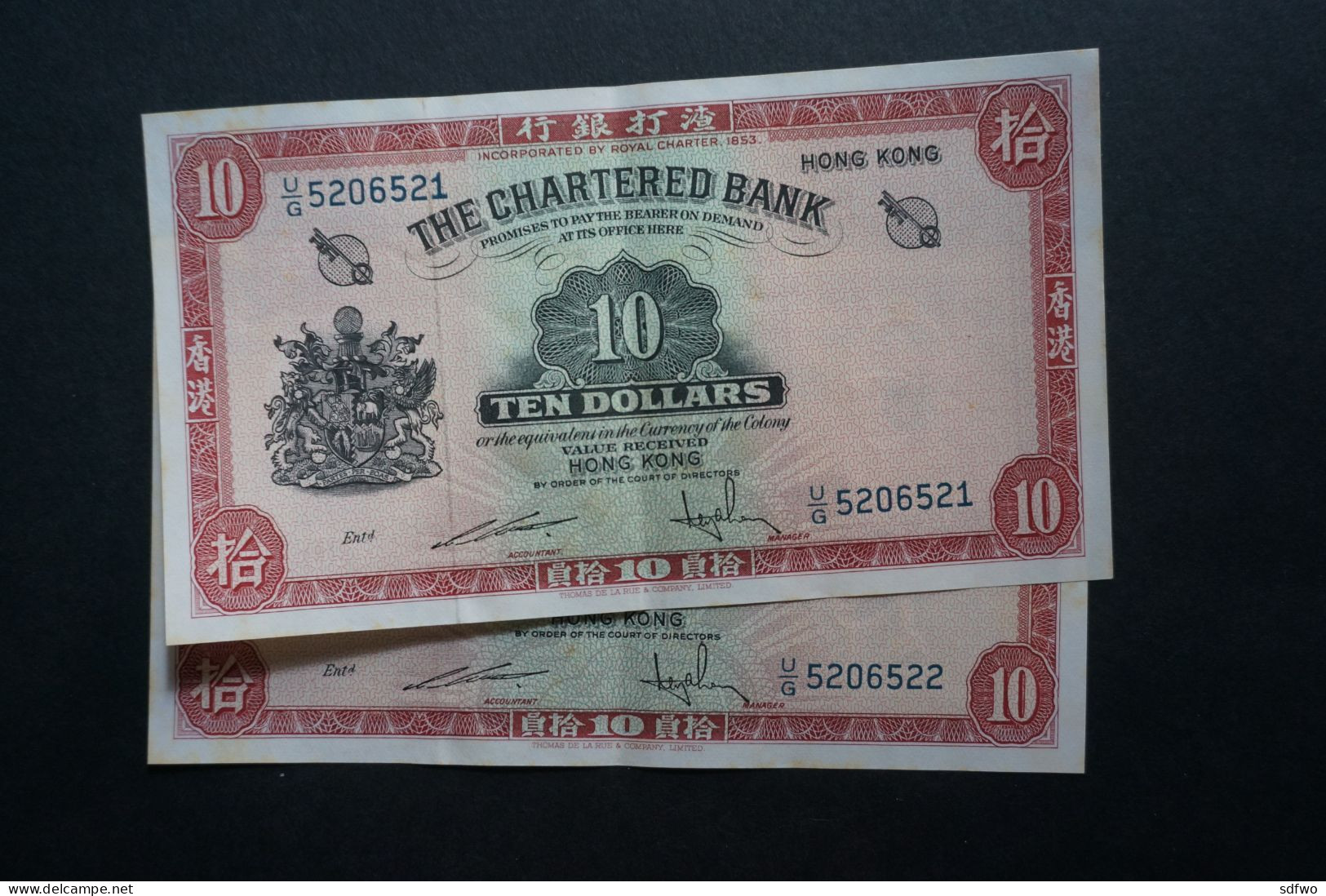 (M) 1962 HONG KONG OLD ISSUE - THE CHARTERED BANK 10 DOLLARS - #U/G 5206521 To 22 (2 Pcs) - Hongkong
