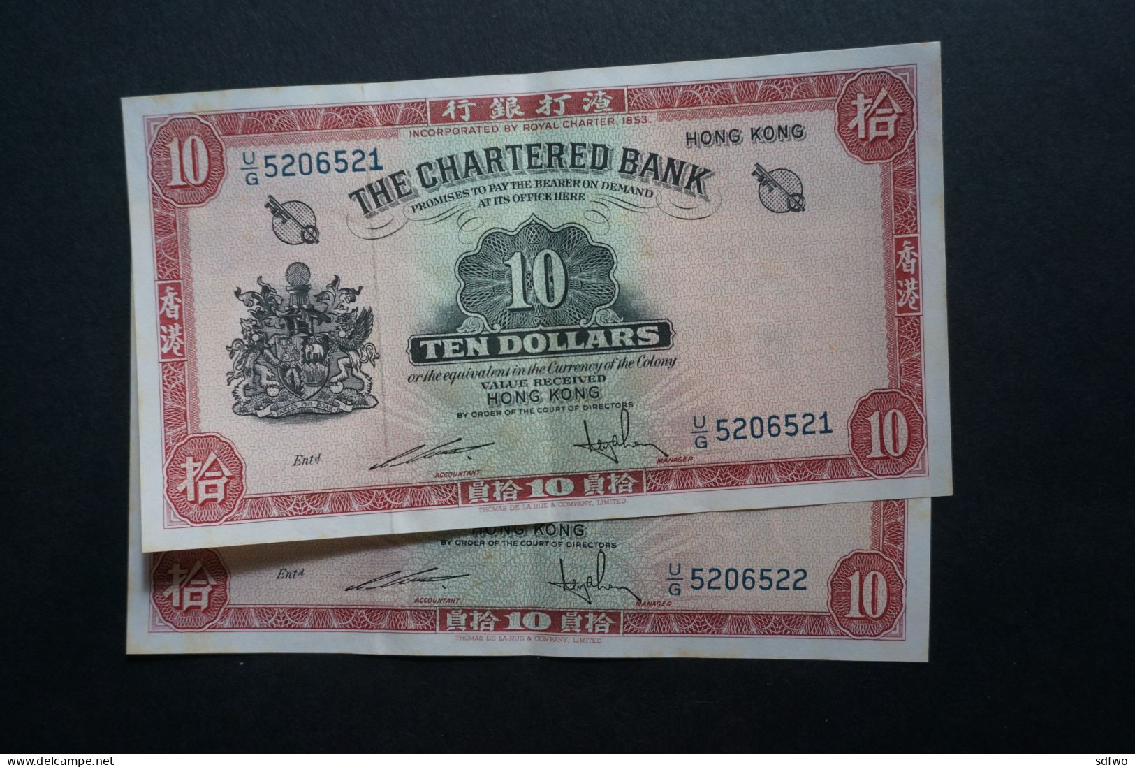 (M) 1962 HONG KONG OLD ISSUE - THE CHARTERED BANK 10 DOLLARS - #U/G 5206521 To 22 (2 Pcs) - Hong Kong