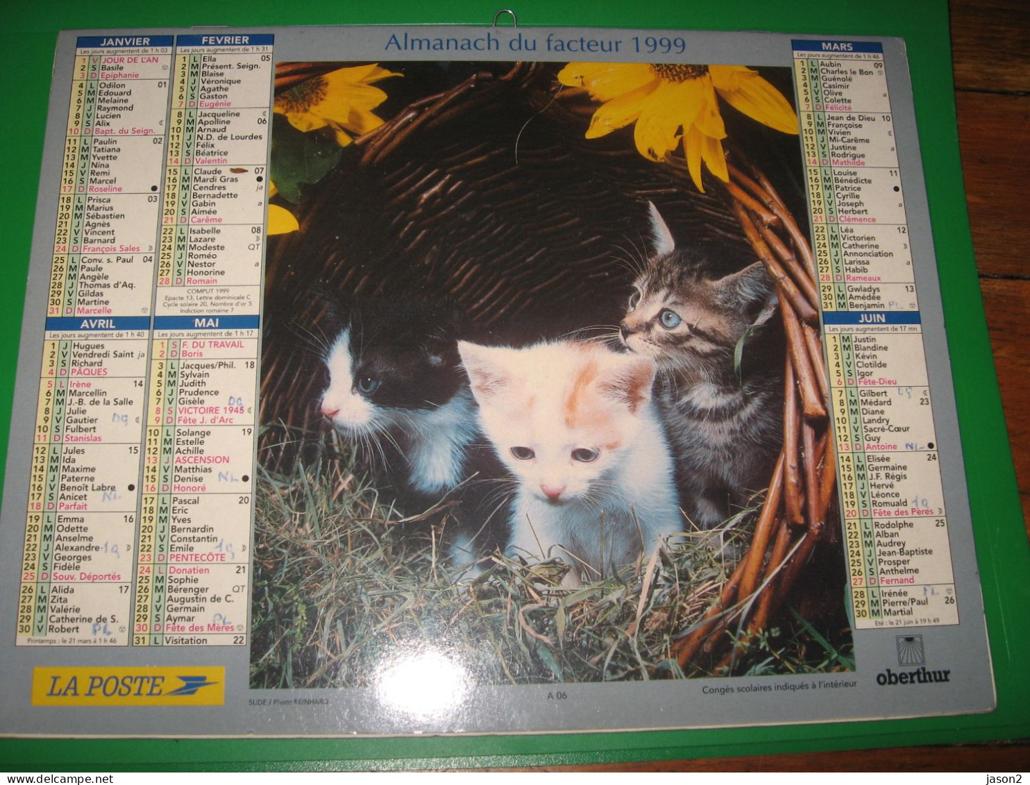 Almanach Du Facteur, Calendrier 1999, , Chatons.CHIENS ( Seine Maritime 76) - Big : 1991-00