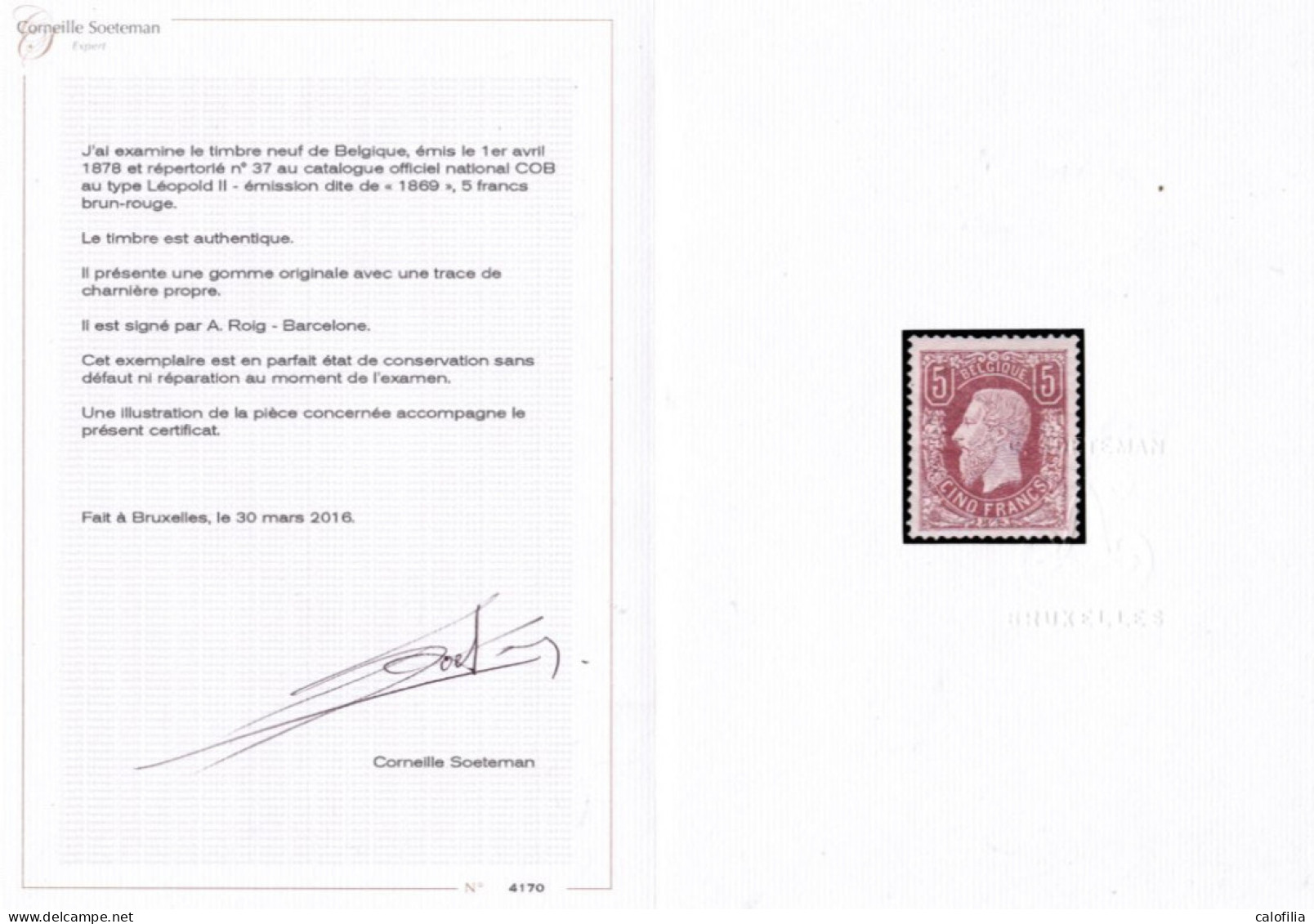 COB 37 *, Centrage Excellent, 2 Certificats (Soeteman, Michaux) + Signature A. ROIG, Val COB 5750 EUR, Superbe - 1883 Leopold II