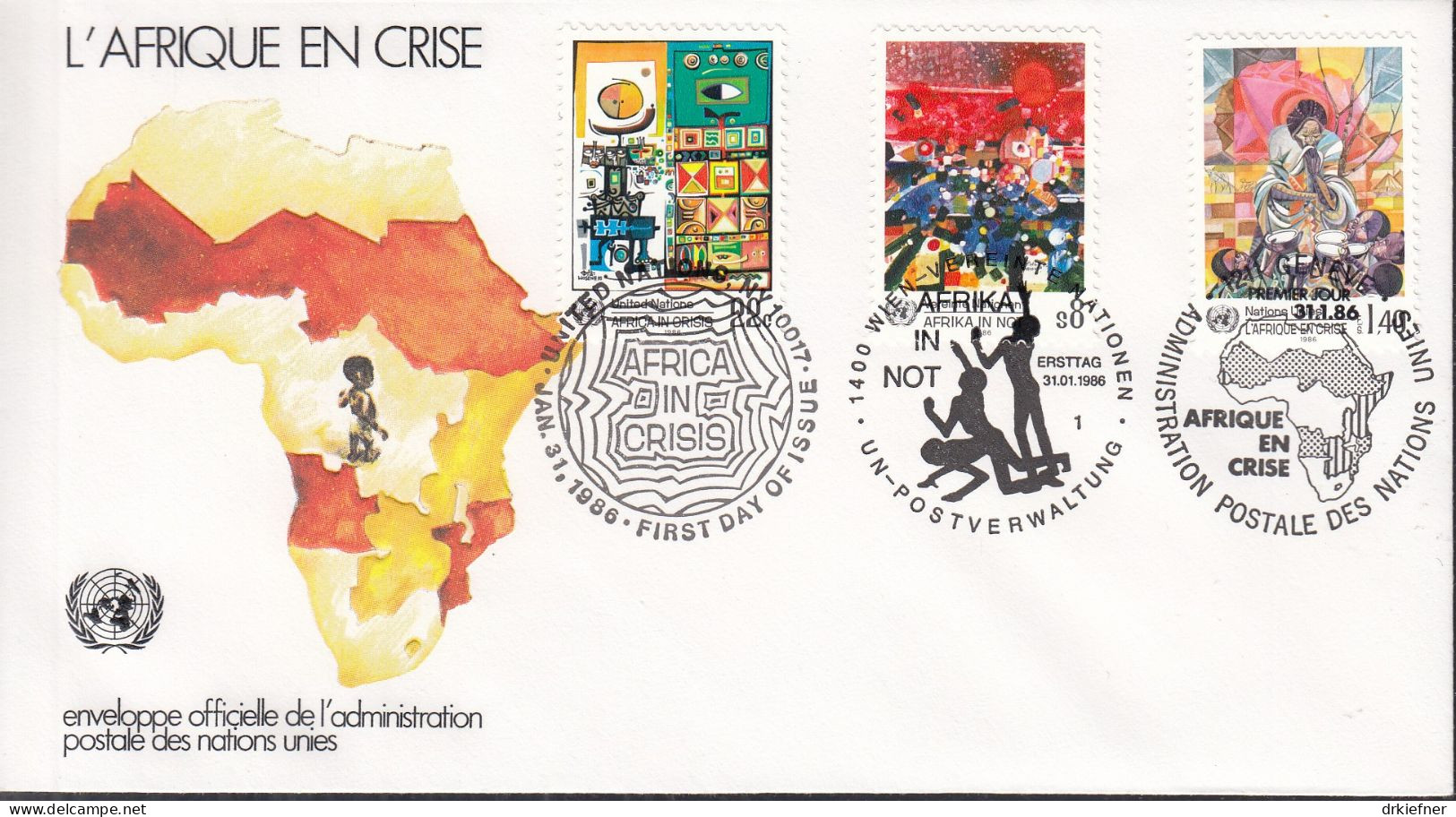 UNO NEW YORK  Trio-FDC 490, Mit G + W, Afrika In Not, 1986 - New York/Geneva/Vienna Joint Issues