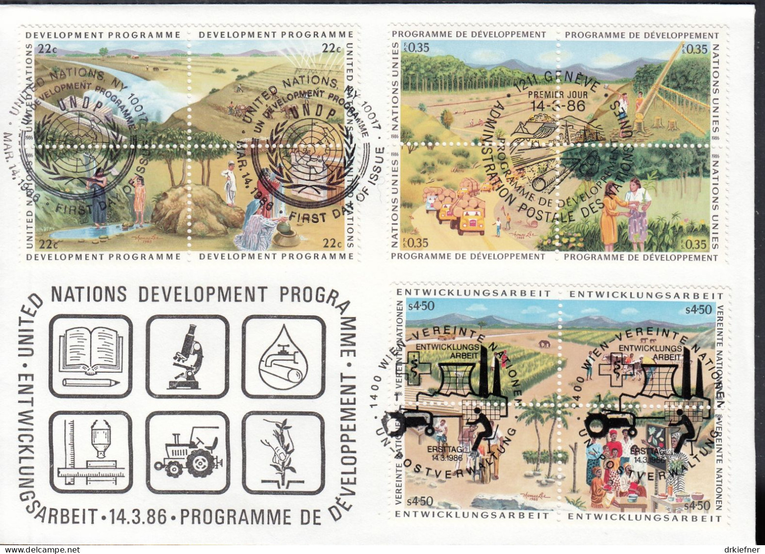 UNO NEW YORK  Trio-FDC 491-494, Mit G + W, Entwicklungsprogramm UNDP, 1986 - Gemeinschaftsausgaben New York/Genf/Wien