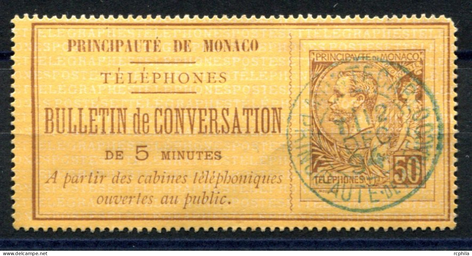 RC 27184 MONACO COTE 570€ N° 1 TIMBRE TÉLÉPHONE 50c BRUN SUR JAUNE OBLITÉRATION DE 1894 EN BLEU ( VOIR DESCRIPTION ) - Telefon