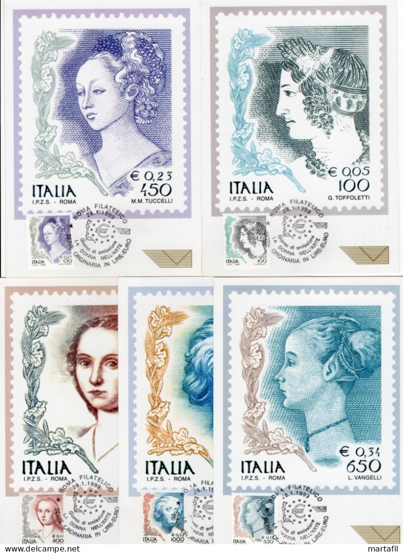 1999 Cartoline Maxi POSTE ITALIANE La Donna Nell'arte, X5 Cartoline - Maximum Cards