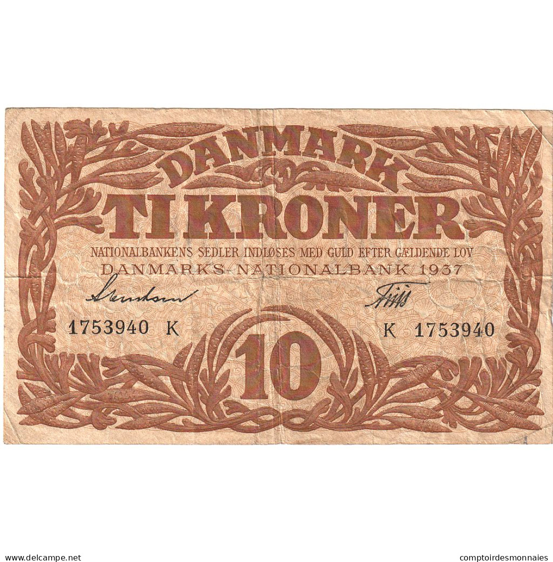 Billet, Danemark, 10 Kroner, 1937, KM:31a, TTB - Dinamarca