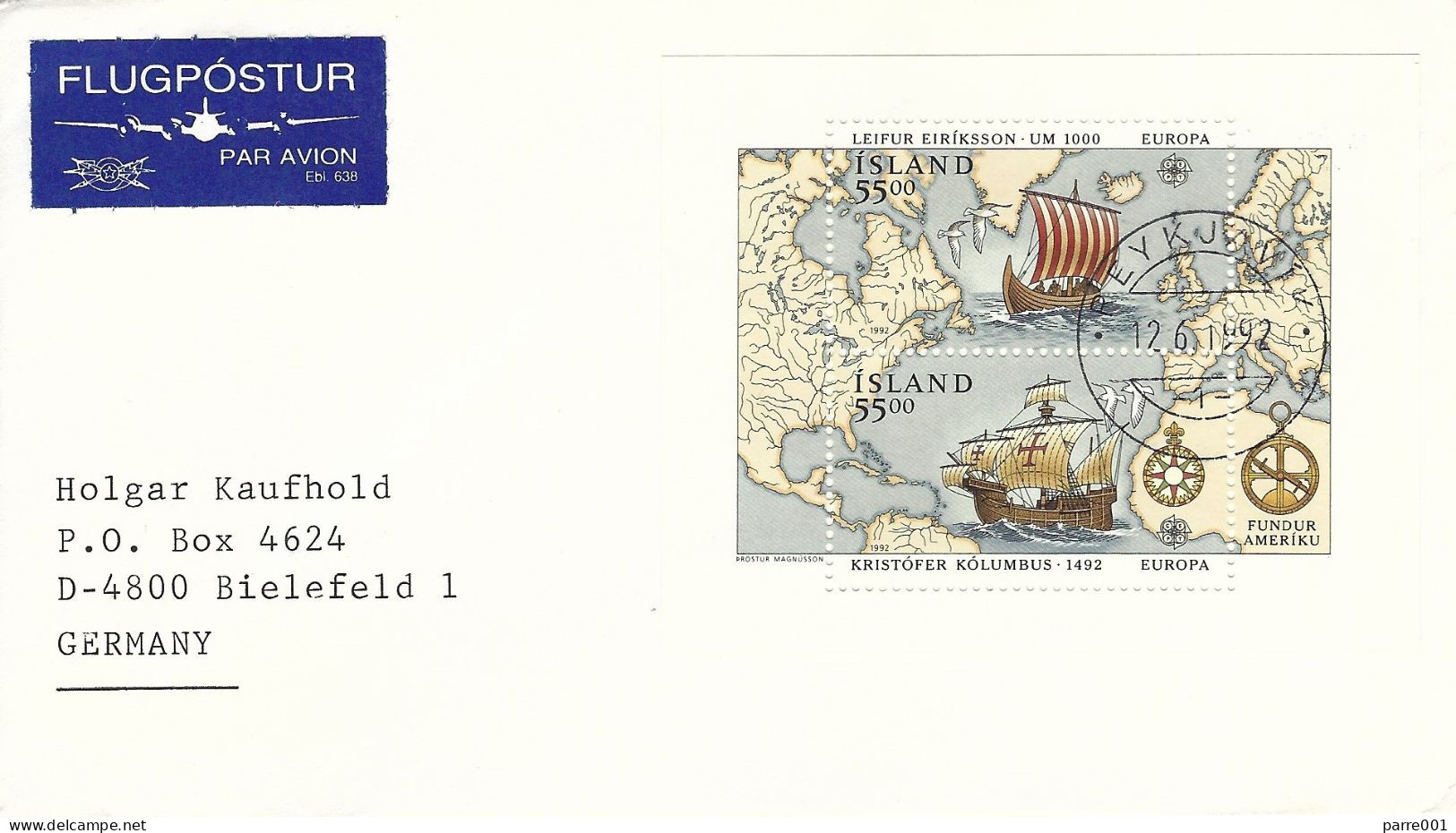 Iceland Island 1992 Reykjavik Discovery Americas Caravel Christopher Columbus Leif Eriksson's Sailing Ship MS Cover - Indiani D'America