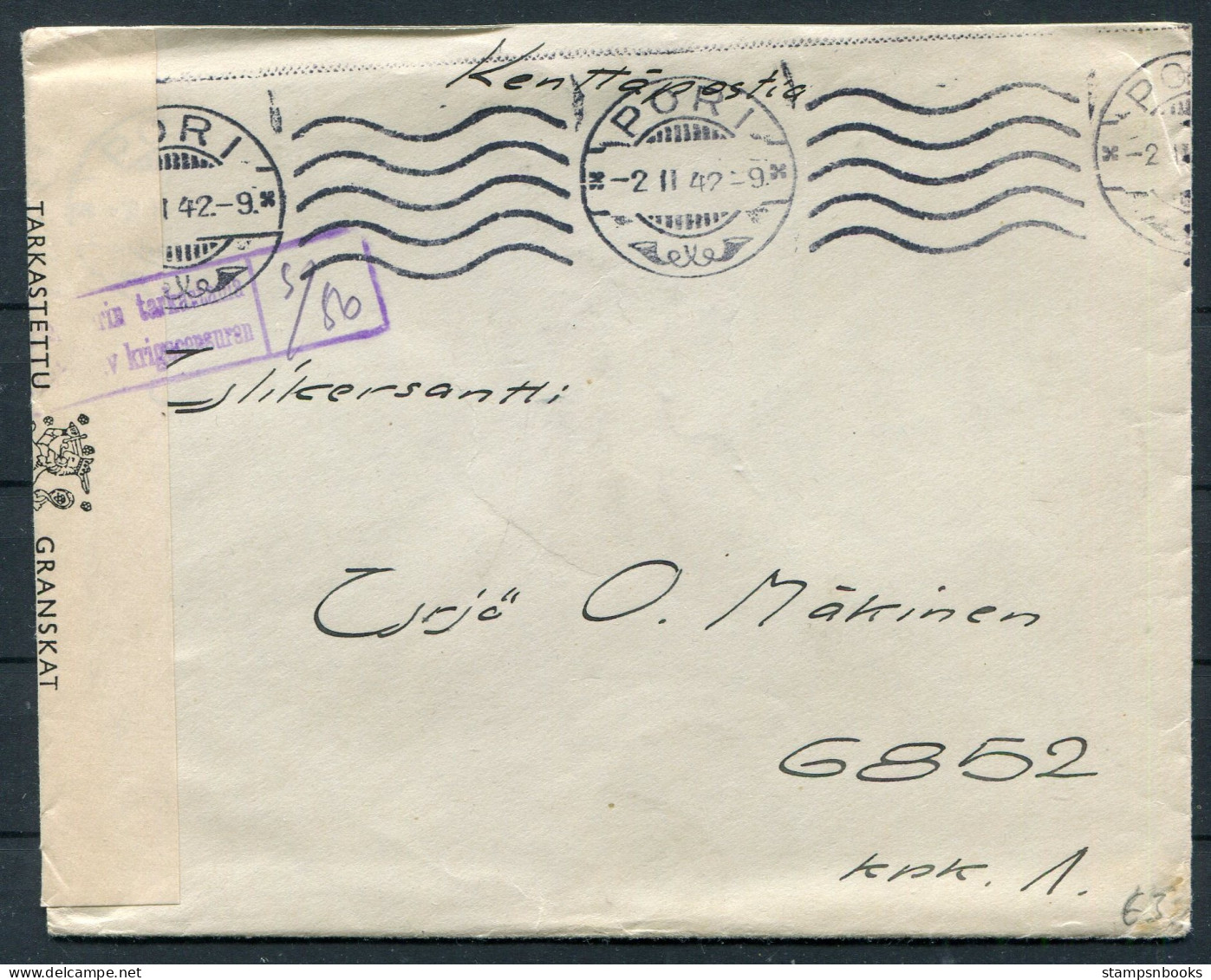 1942 Finland Kenttapostia Fieldpost Censor Cover  - Briefe U. Dokumente