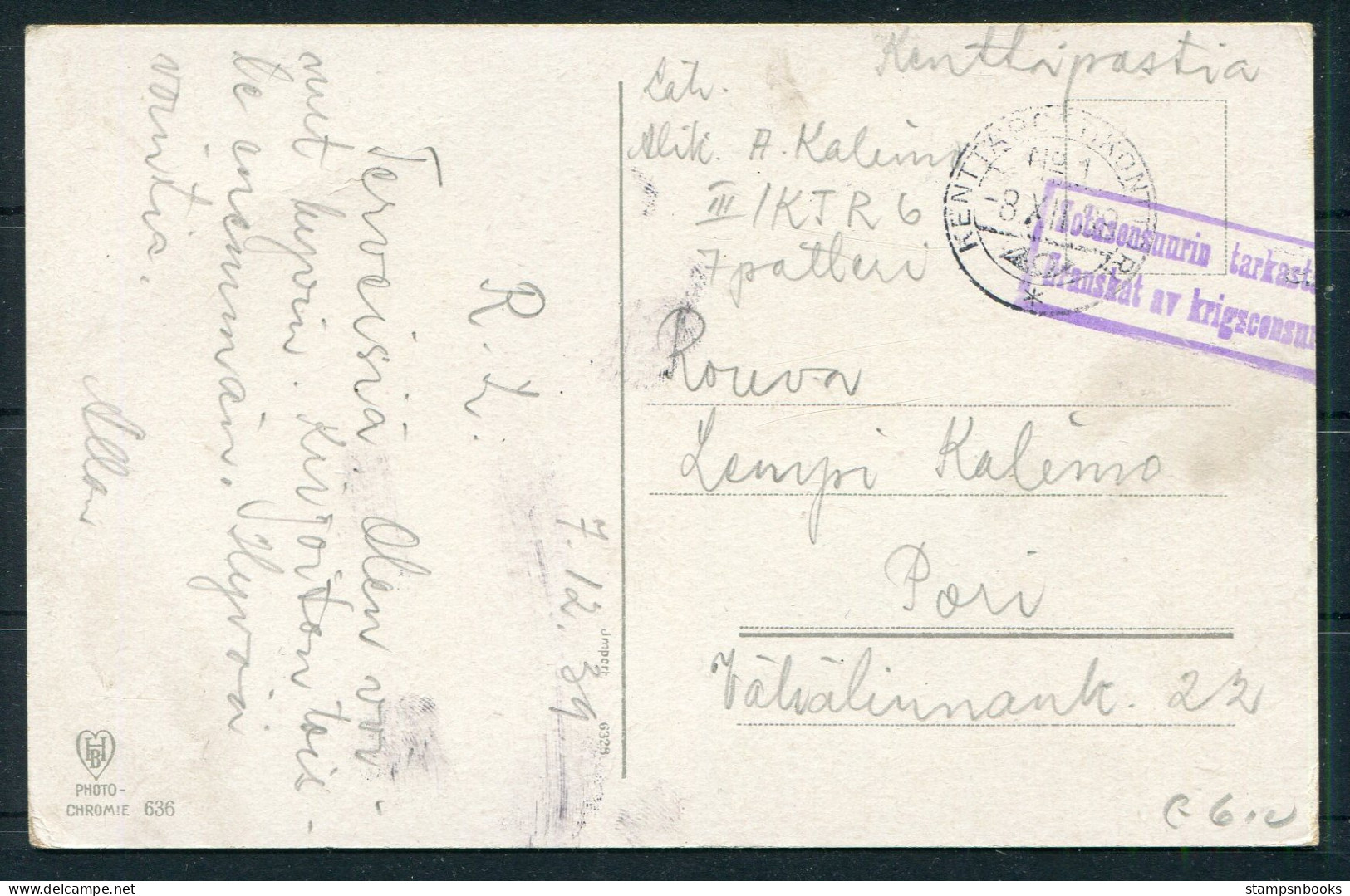 1939 Finland Kenttapostia Fieldpost Censor Postcard - Pori - Cartas & Documentos