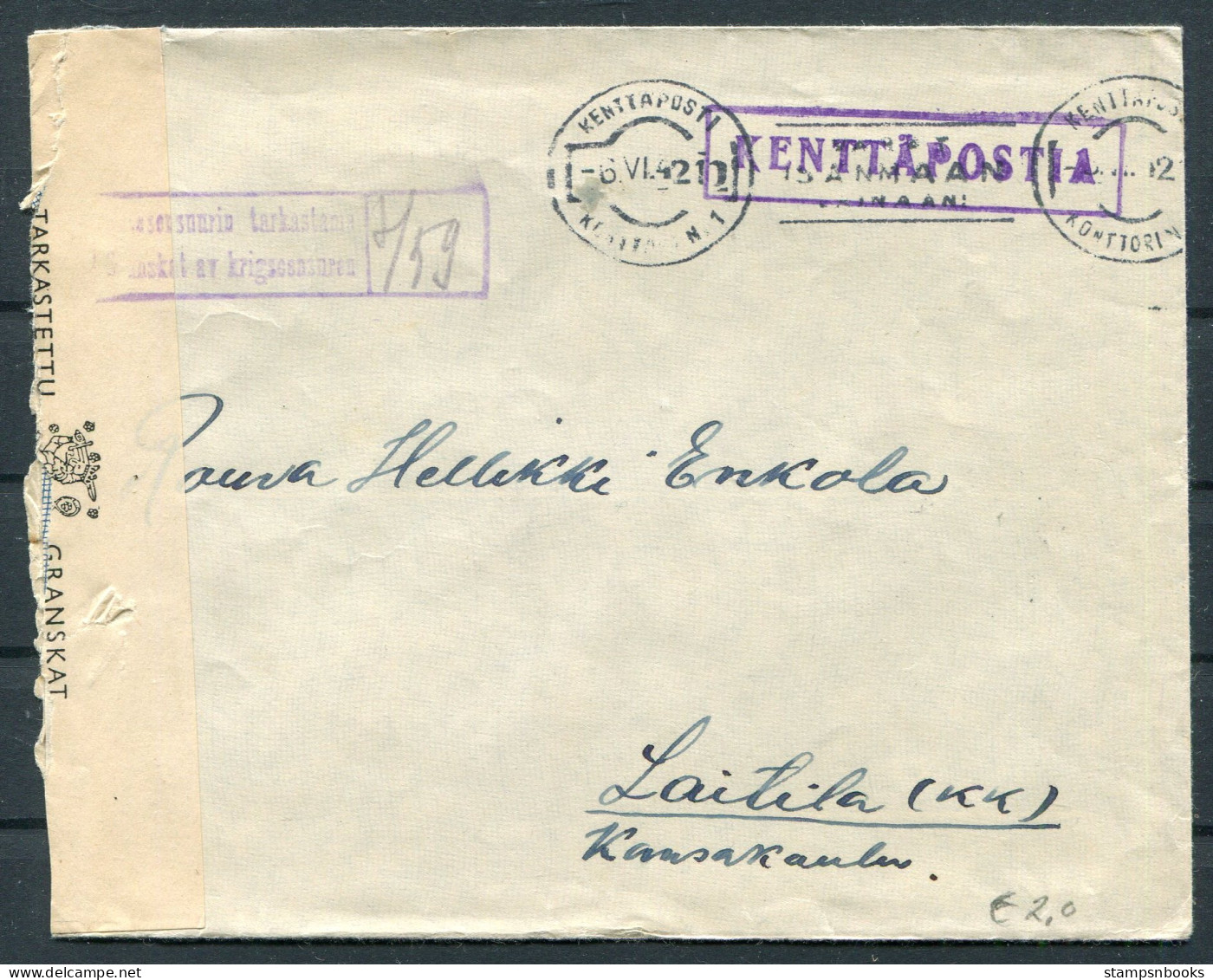 1942 Finland Kenttapostia Fieldpost Censor Cover - Brieven En Documenten