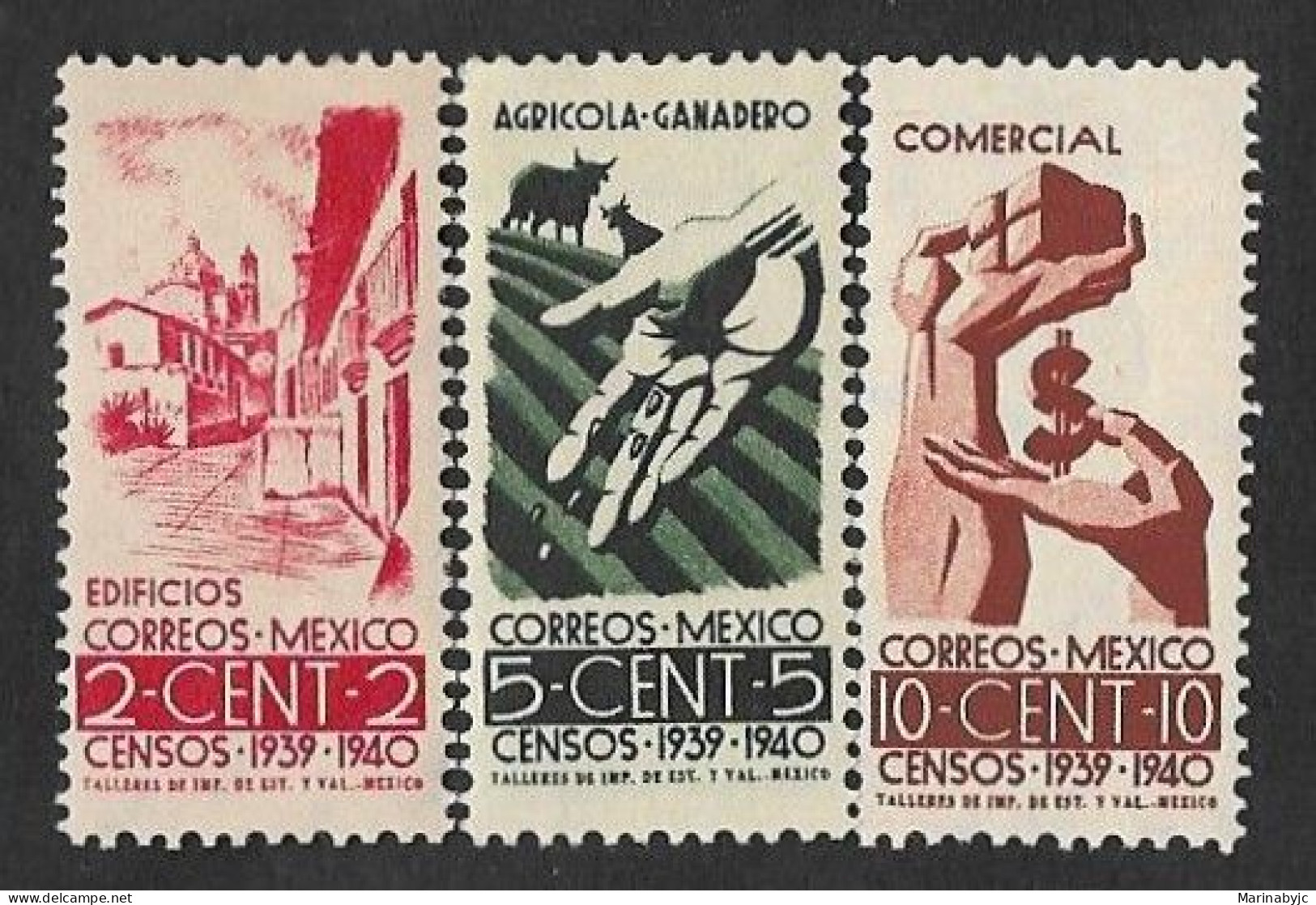 SE)1939 MEXICO, COMPLETE CENSUS TAKING SERIES, VIEW OF TAXCO 2C SCT751, AGRICULTURE 5C SCT752, TRADE SYMBOL 10C SCT753, - Mexico