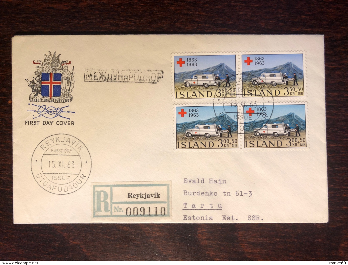 ICELAND FDC COVER REGISTERED LETTER TO ESTONIA 1963 YEAR RED CROSS AMBULANCE HEALTH MEDICINE STAMPS - FDC