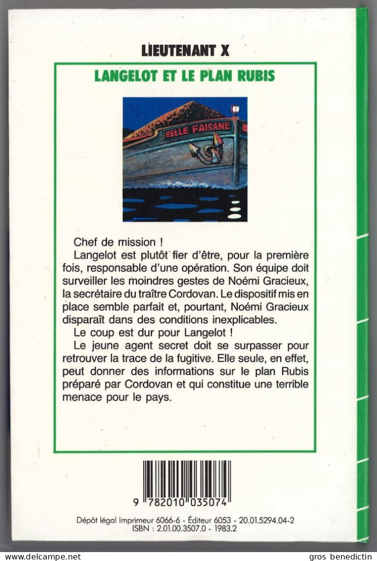 Hachette - Bibliothèque Verte - Lieutenant X - "Langelot Et Le Plan Rubis" - 1983 - Biblioteca Verde