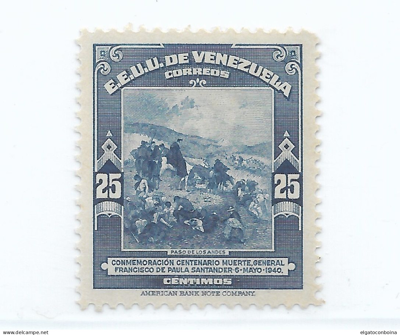 VENEZUELA 1940 CROSSING THE ANDES GENERAL SANTANDER ART PAINTING MH SCOTT 366 MI340 - Venezuela