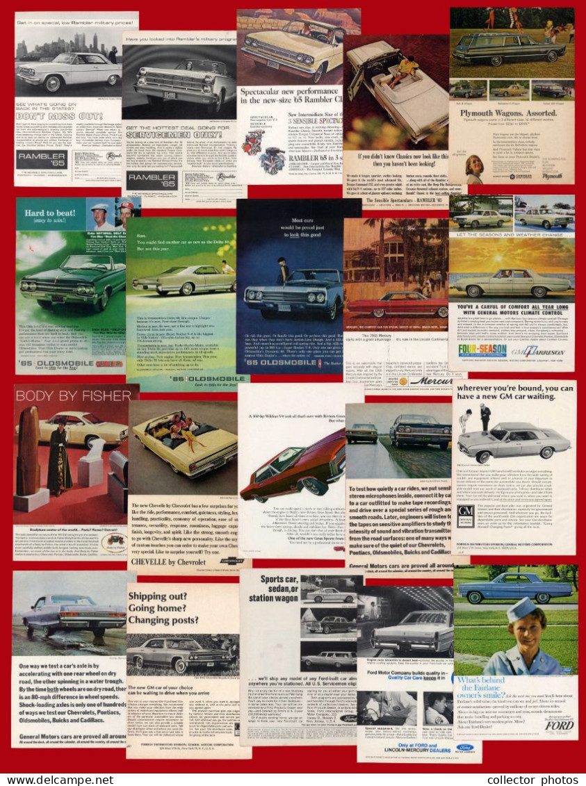 Ads For 21 Cars From 1964 And 1965. Pages From Old American Magazines 13x18,5 Cm [de071] - Publicités