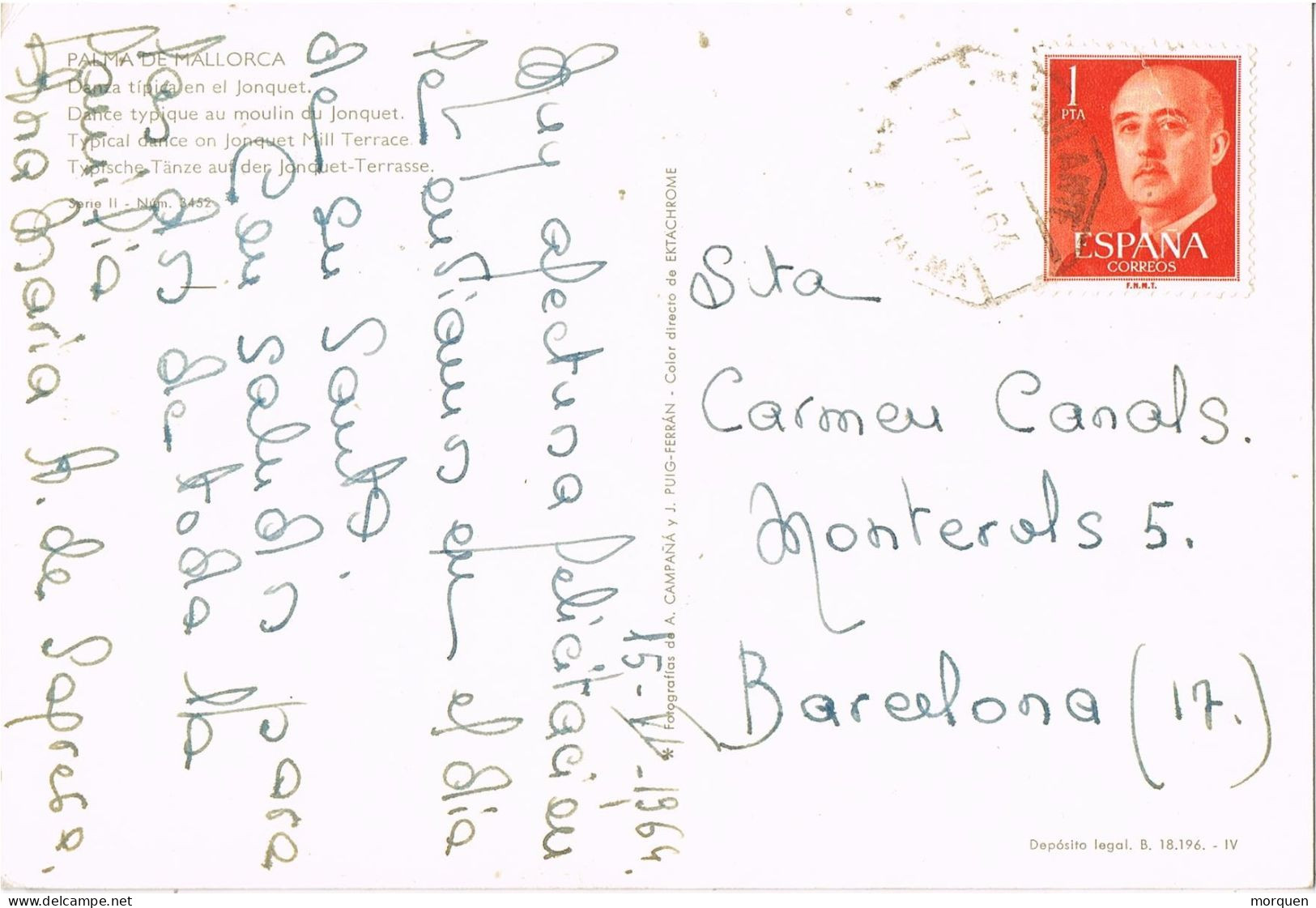 54375. Postal PALMA De MALLORCA (Baleares) 1964. AMBULANTE Matitimo Barna- Palma. Bailes En El Junquet - Lettres & Documents