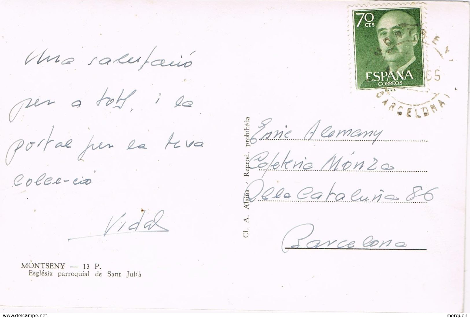 54376. Postal MONTSENY (Barcelona) 1965. Vista De Iglesia Medieval De Sant JULIA Del MONTSENY - Lettres & Documents
