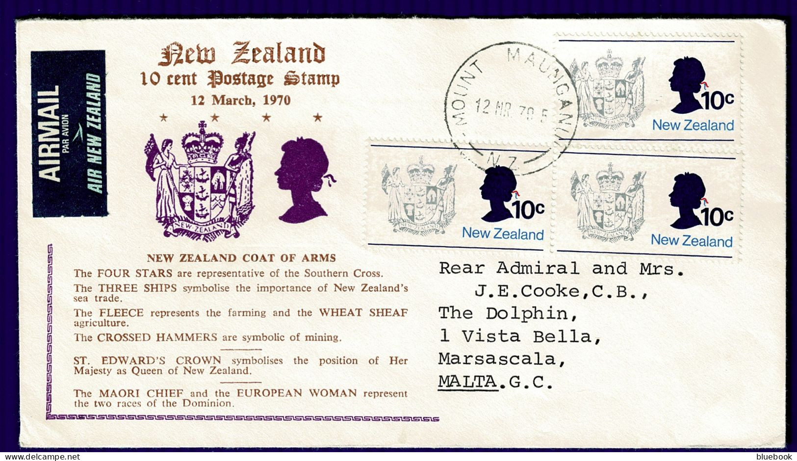 Ref 1636 - New Zealand 1970 FDC - 10c Arms Sideways Watermark - 30c Airmail Rate To Malta - FDC
