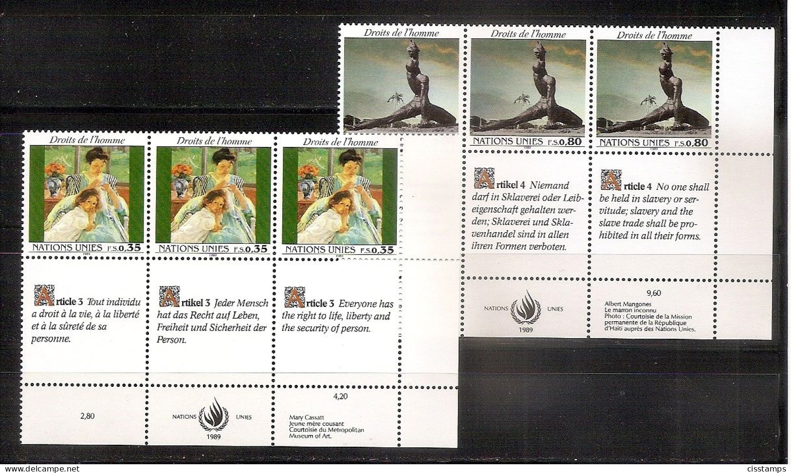 UNITED NATIONS GENEVA 1989●Human Rights●Mi 180-81●Strip Of 3 With TABS●MNH - Neufs