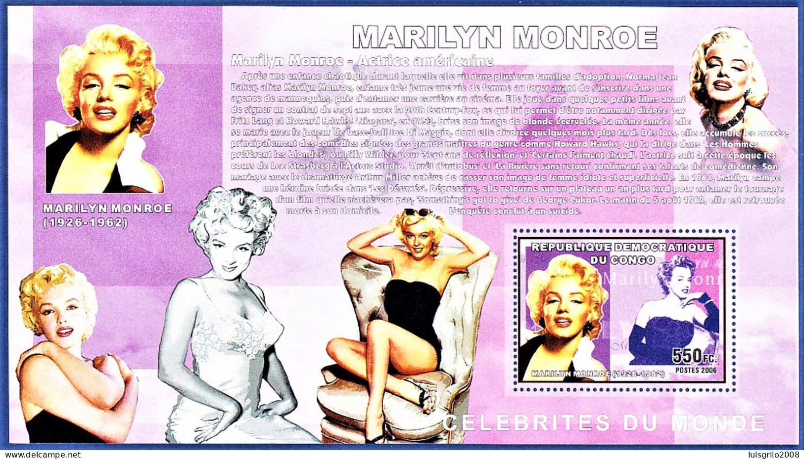 Marilyn Monroe - Actrice Américaine, Celebrites Du Monde -|- Congo, 2006 - MNH - Cinema