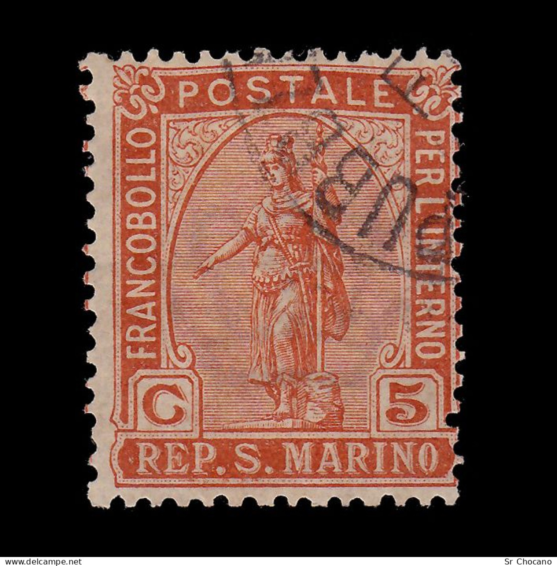 SAN MARINO STAMP.1899.5c Brown Org .SCOTT 34.USED - Gebruikt