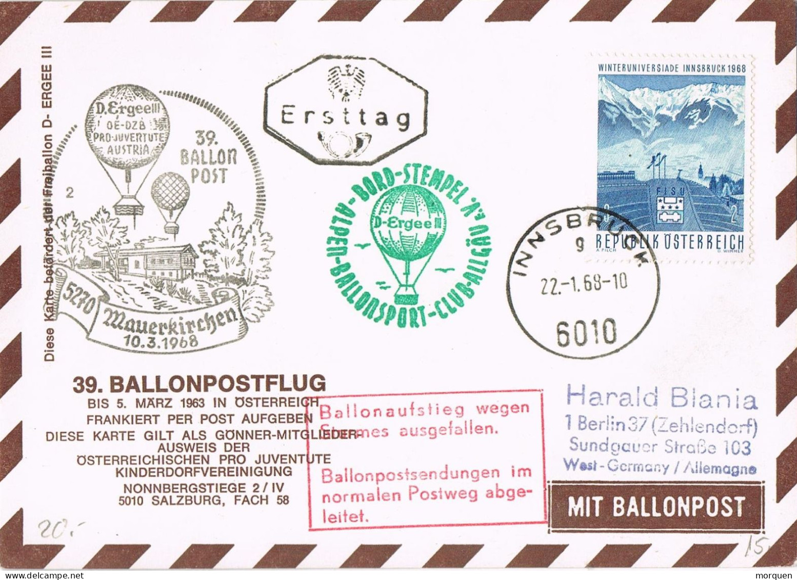 54383. Tarjeta Aerea Ballonpost INNSBRUCK (Austria) 1968. Globus Mauerkirchen - Storia Postale