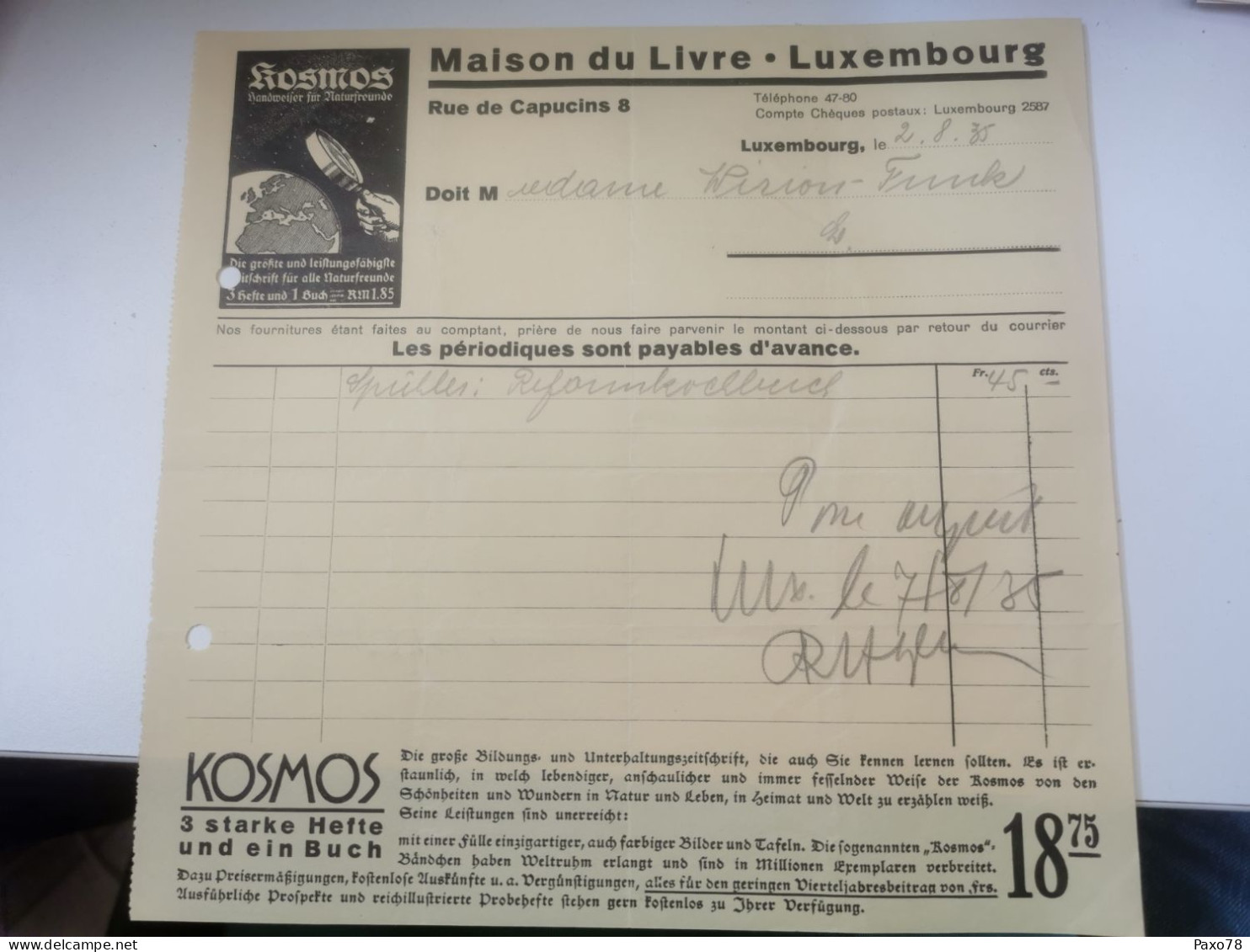 Luxembourg Facture, Maison Du Livre, 1935 - Lussemburgo