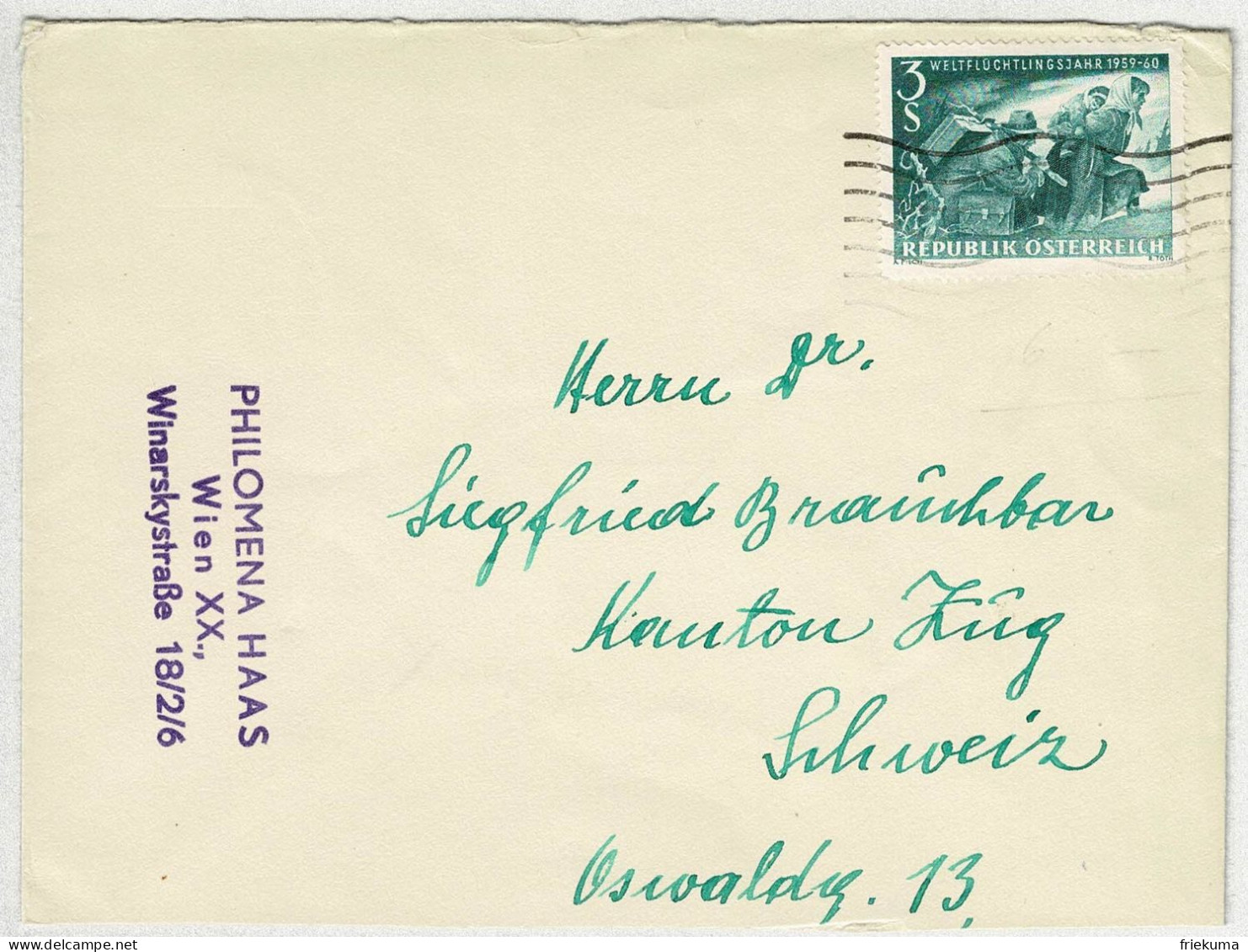 Oesterreich / Austria 1960, Brief Wien - Zug (Schweiz), Weltflüchtlingsjahr / Anné Mondiale Du Réfugié / Refugees - Flüchtlinge