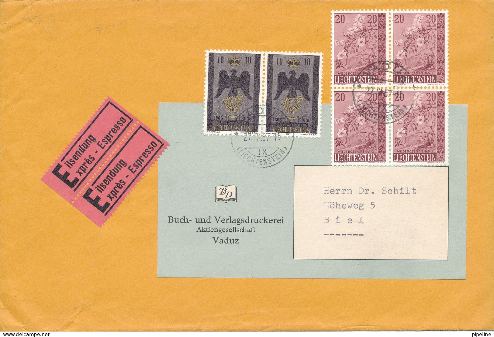 Liechtenstein Cover Sent Express To Switzerland 27-9-1957 Good Franked Big Size Cover - Storia Postale