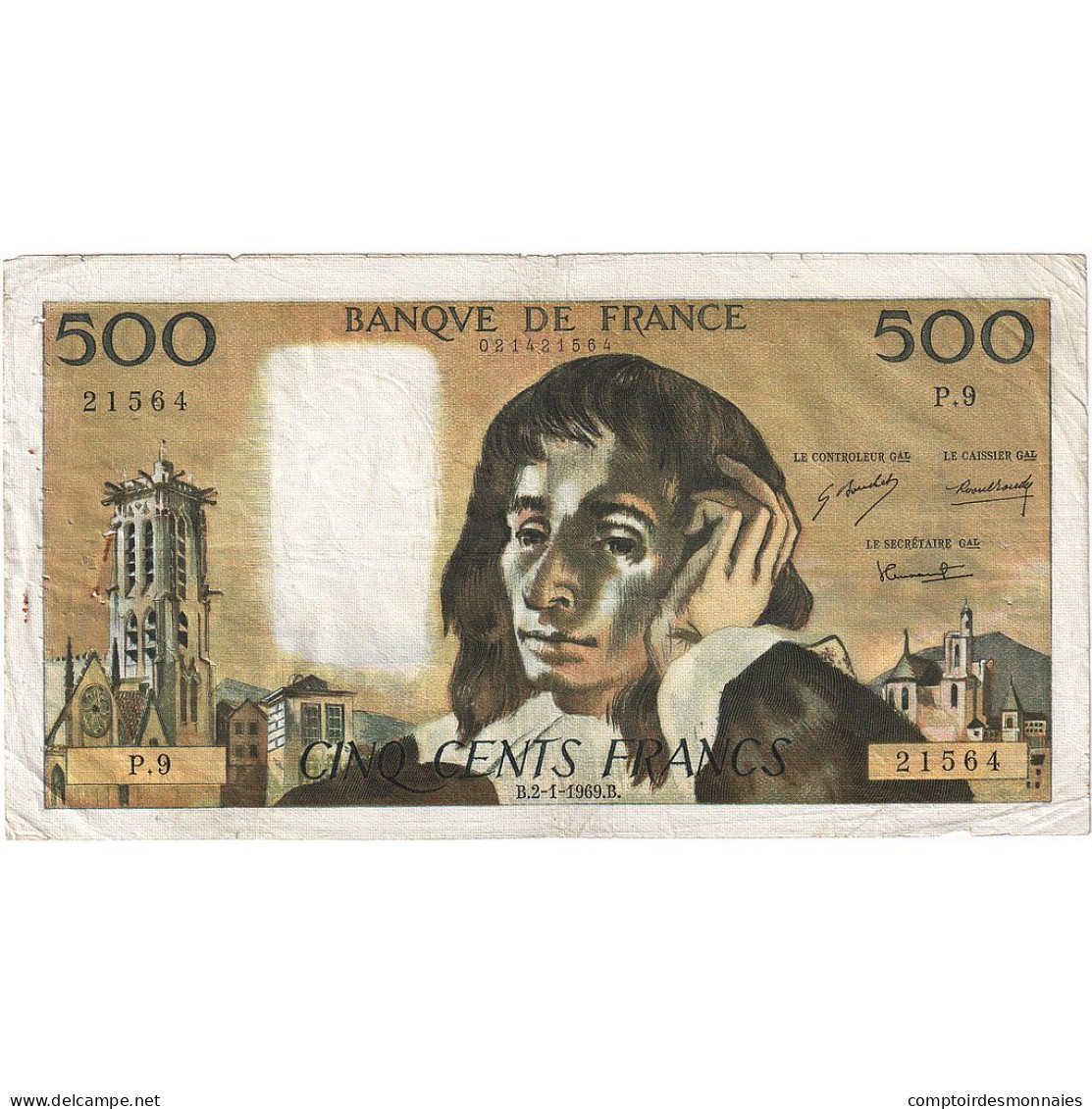 France, 500 Francs, Pascal, 1969, P.9, TB, Fayette:71.03, KM:156a - 500 F 1968-1993 ''Pascal''