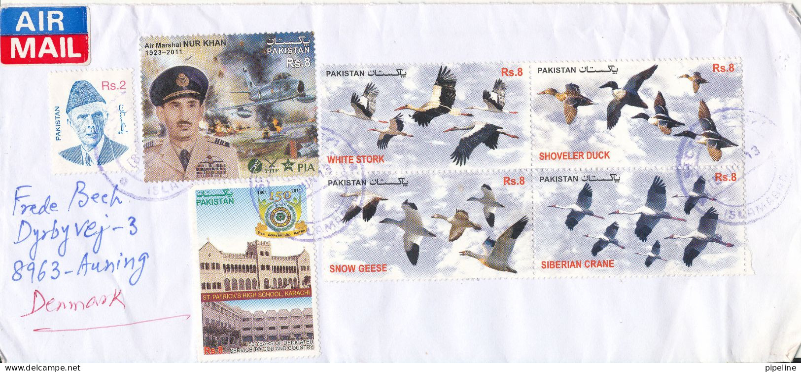 Pakistan Cover Sent Air Mail To Denmark 8-6-2013 Topic Stamps In A Block Of 4 Stork, Geese, Ducks And Cranes - Pakistan