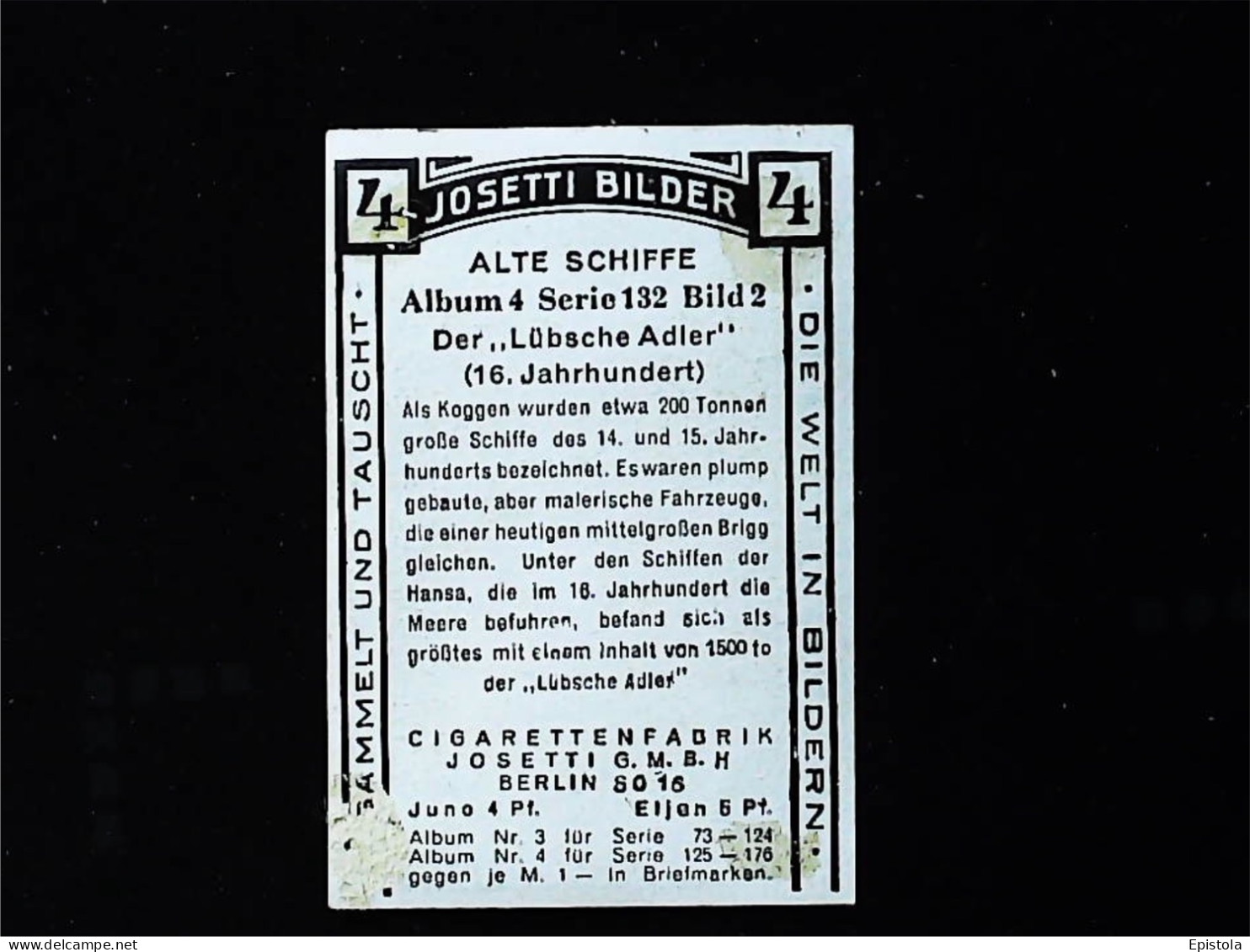 ► Navire  Allemand LUBSCHE ADLER  (en L'état Usure )  - Chromo-Image Cigarette Josetti Bilder Berlin Album 4 1920's - Other Brands