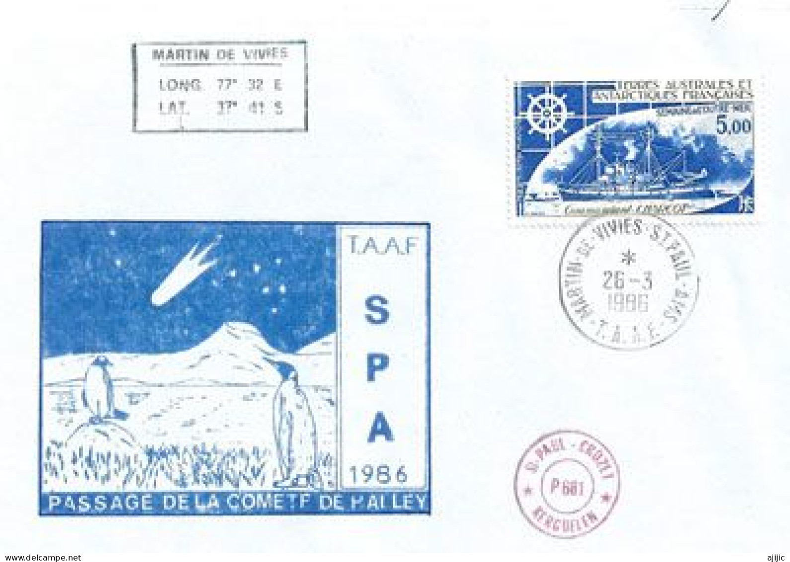 Passage De La Comête De Halley Aux îles Saint Paul Crozet & Kerguelen (Terres Australes)  Lettre 1986 (rare) - Ozeanien