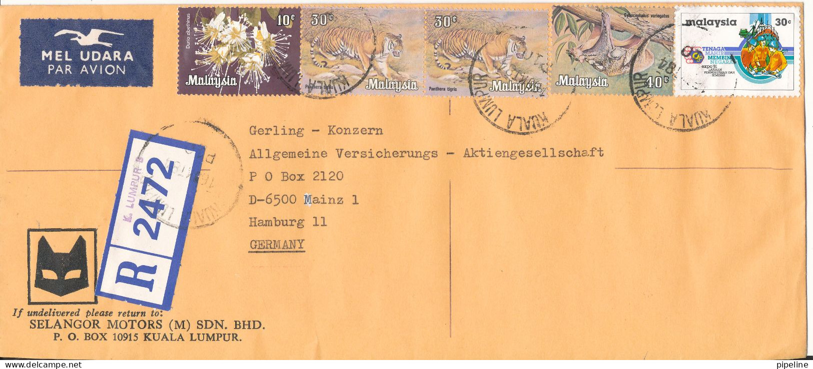 Malaysia Registered Cover Sent  Air Mail To Germany 16-10-1984 Topic Stamps Incl. TIGER - Malaysia (1964-...)