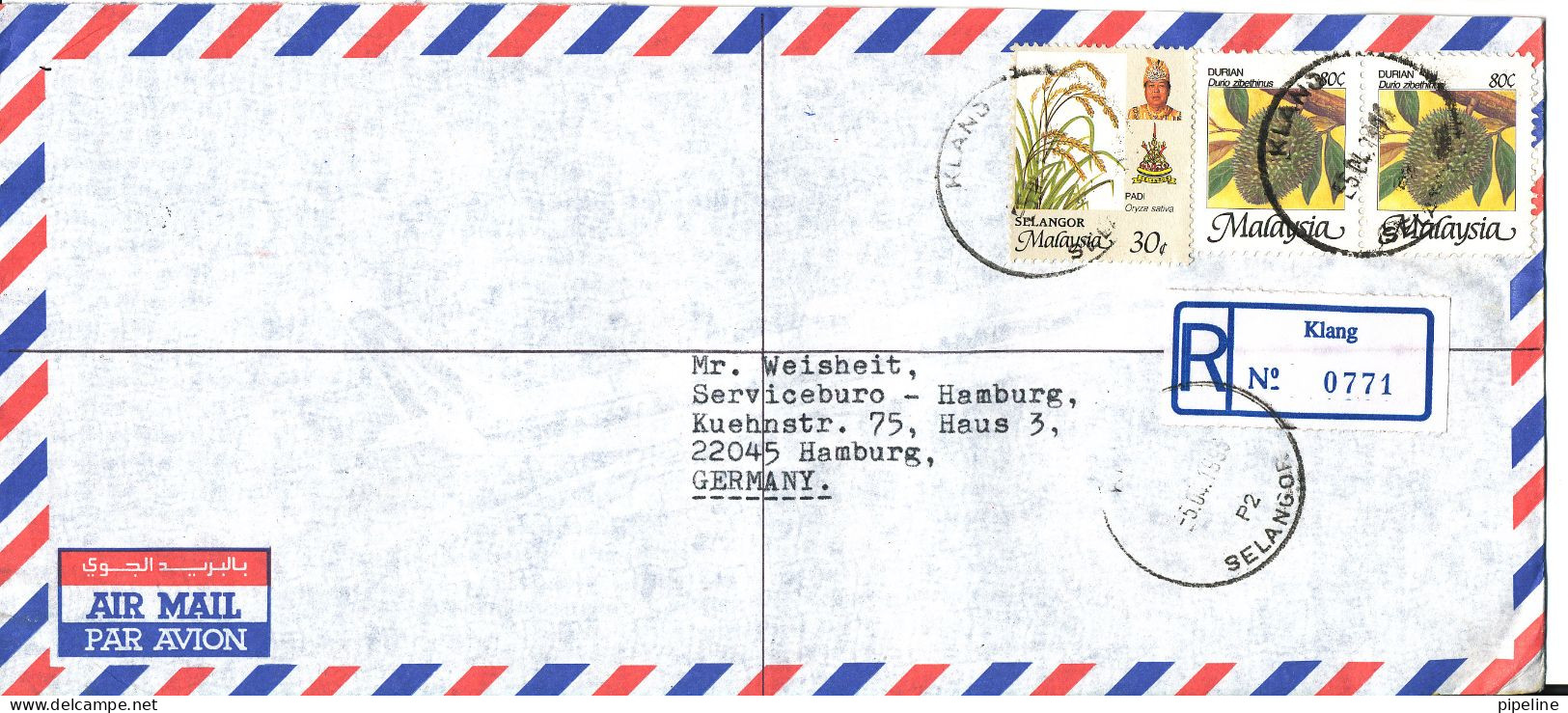 Malaysia Selangor Registered Air Mail Cover Sent To Germany Klang 5-4-1996 - Malaysia (1964-...)