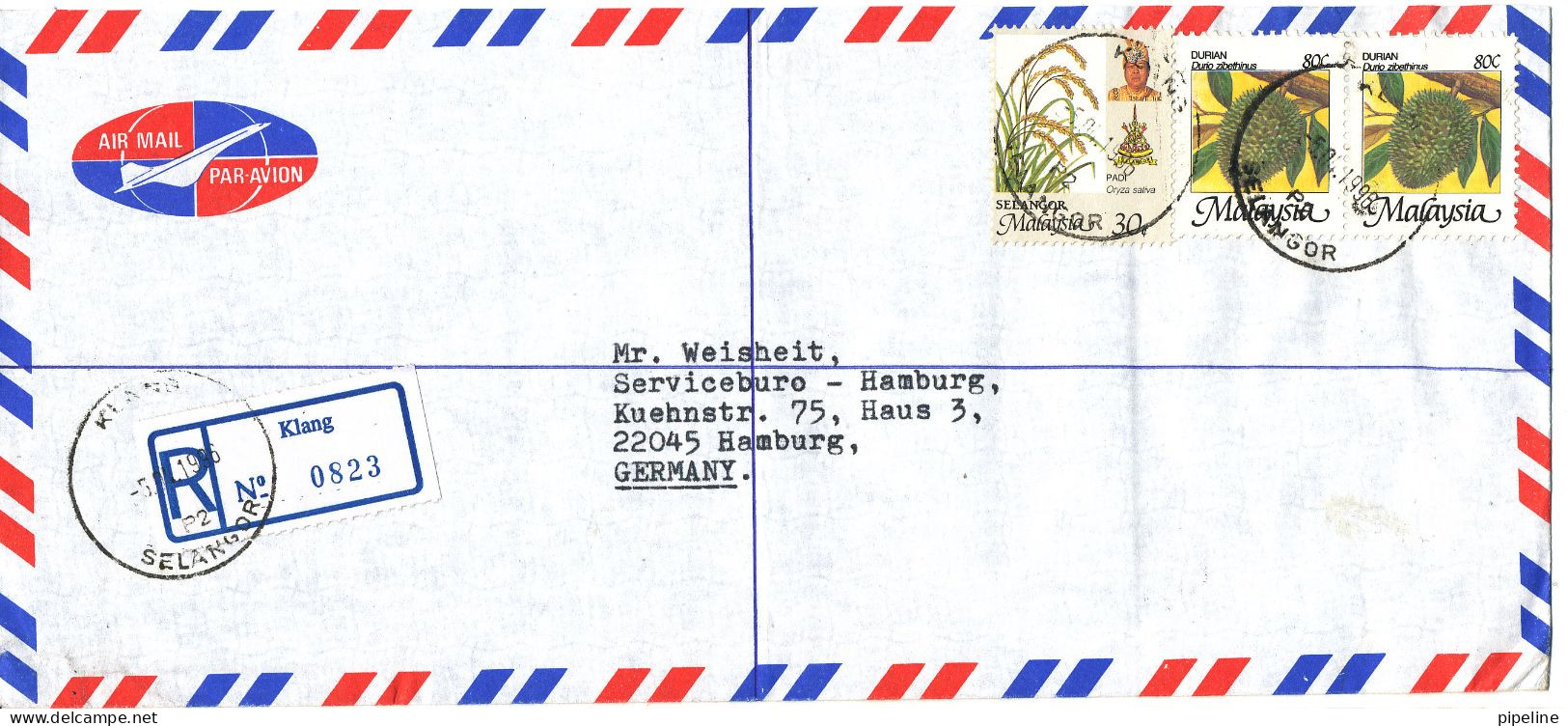 Malaysia Selangor Registered Air Mail Cover Sent To Germany Klang 5-4-1996 - Malaysia (1964-...)