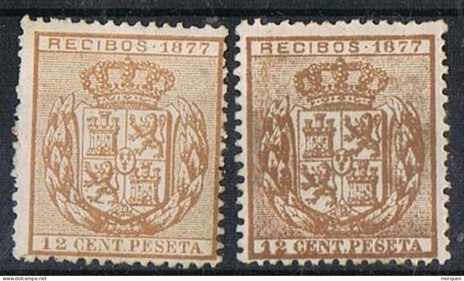 Dos Sellos Fiscales Recibos 1877 12 Cts. Uno VARIEDAD Color Y CALCADO Dorso * - Revenue Stamps