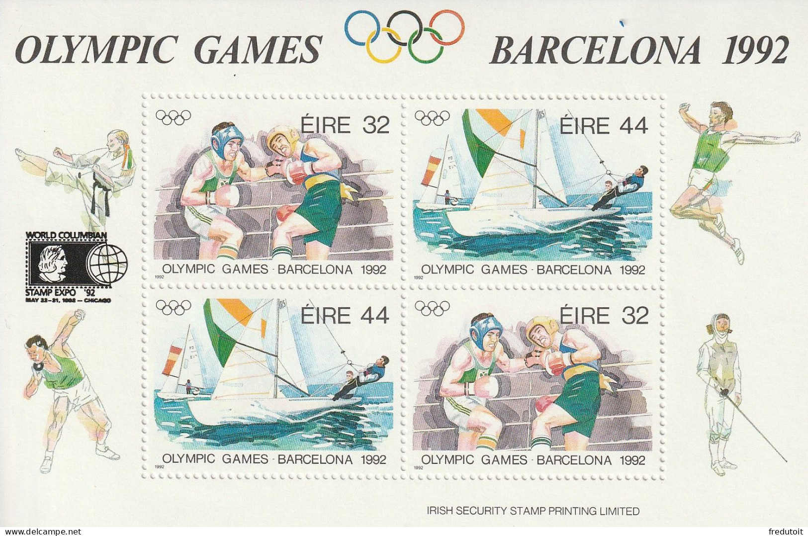 IRLANDE - BLOC N°12 ** (1992) J.O D'été à Barcelone + Surcharge "world Columbian Stamp Expo'92" - Blokken & Velletjes