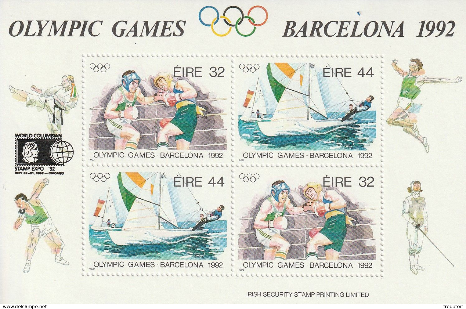 IRLANDE - BLOC N°12 ** (1992) J.O D'été à Barcelone + Surcharge "world Columbian Stamp Expo'92" - Blocks & Sheetlets