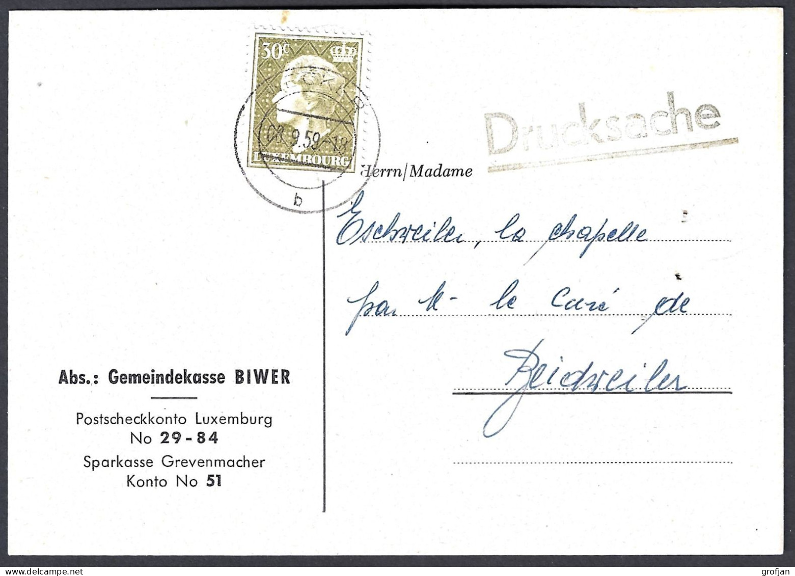 Carte Commune De Biwer à Beidweiler 1959 - Privati