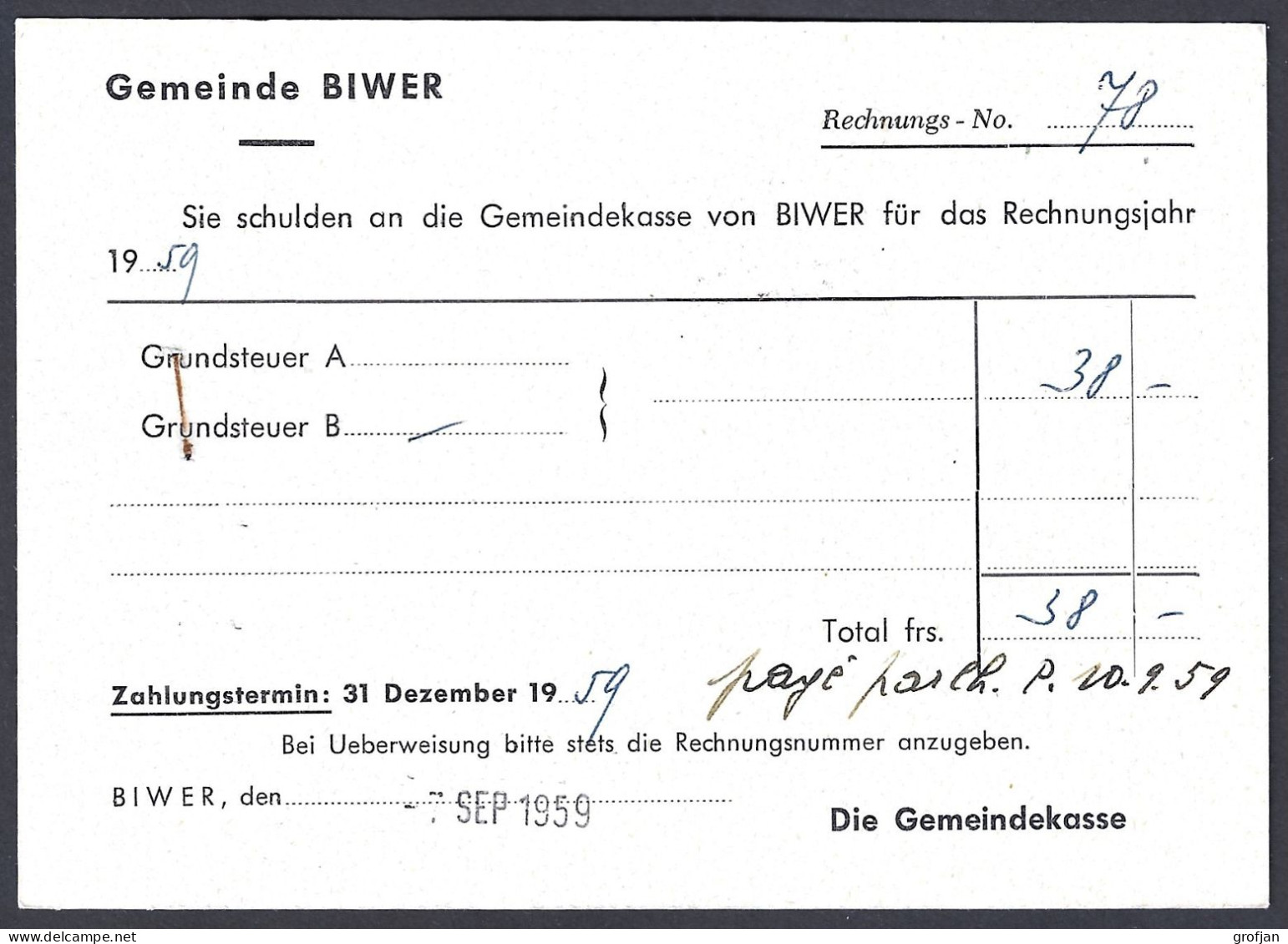 Carte Commune De Biwer à Beidweiler 1959 - Private