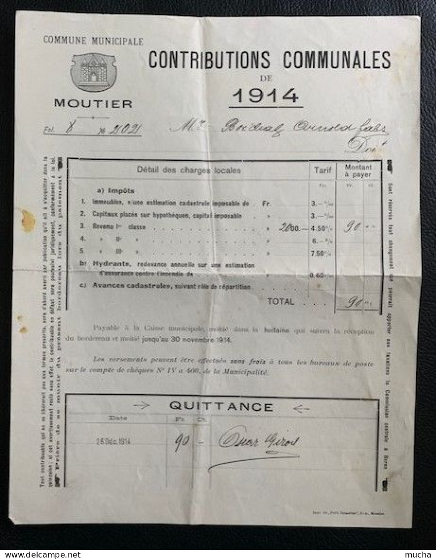 70081 - Facture Contributions Communales De 1914 Moutier - Suisse