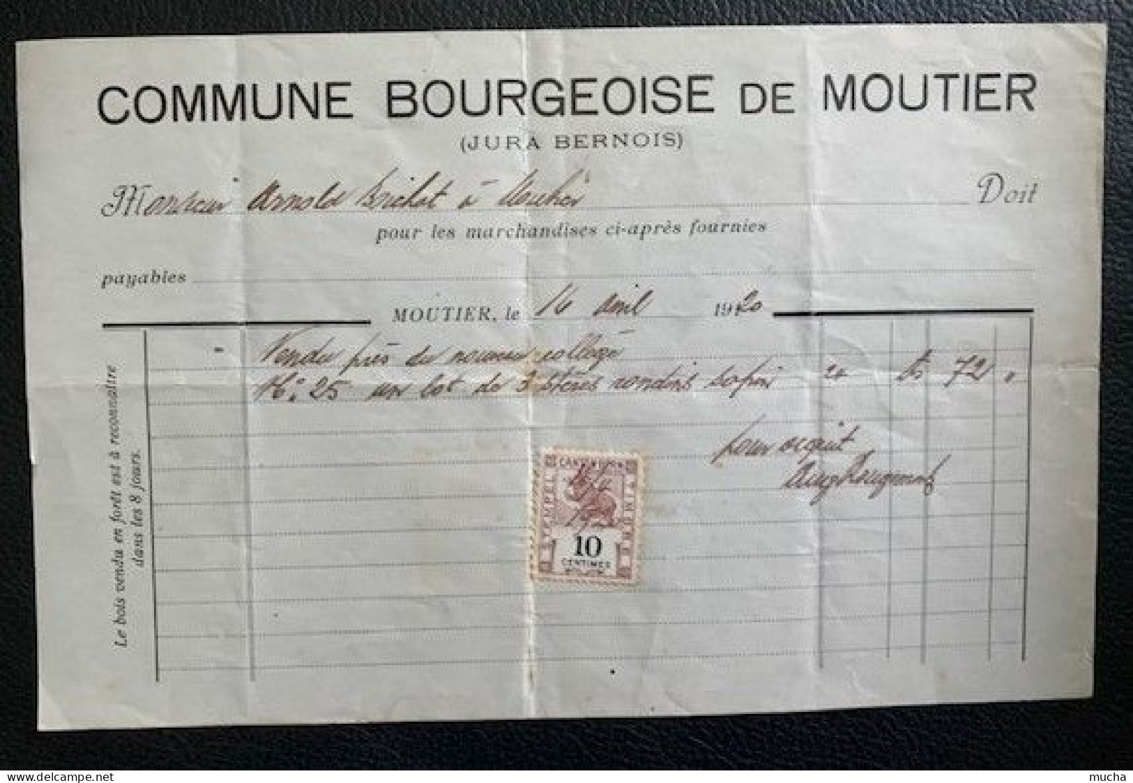 70082 - Facture Commune Bourgeoisie De Moutier 16.04.1920 Avec Timbre Taxe 10ct - Switzerland