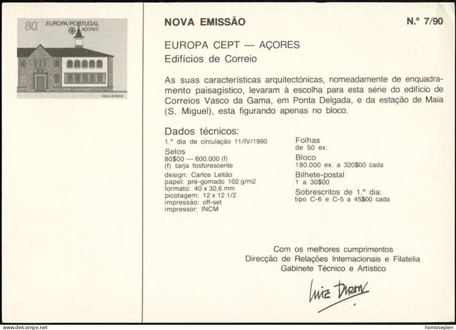 Europa CEPT 1990 Açores - Azores - Azoren - Portugal Y&T N°DP399 - Michel N°PD409 *** - 80e EUROPA - 1990