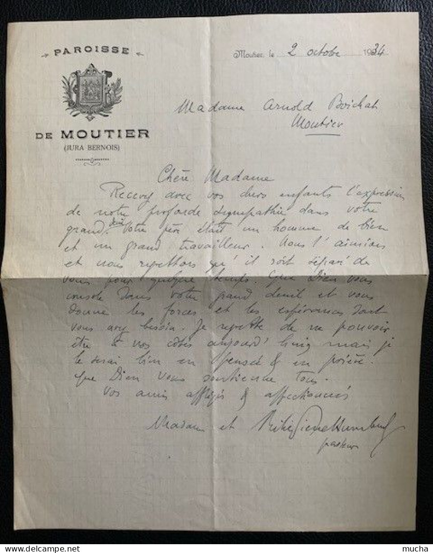 70083 - Lettre  De Deuil Paroisse De Moutier 2.10.1934 - Manuscrits