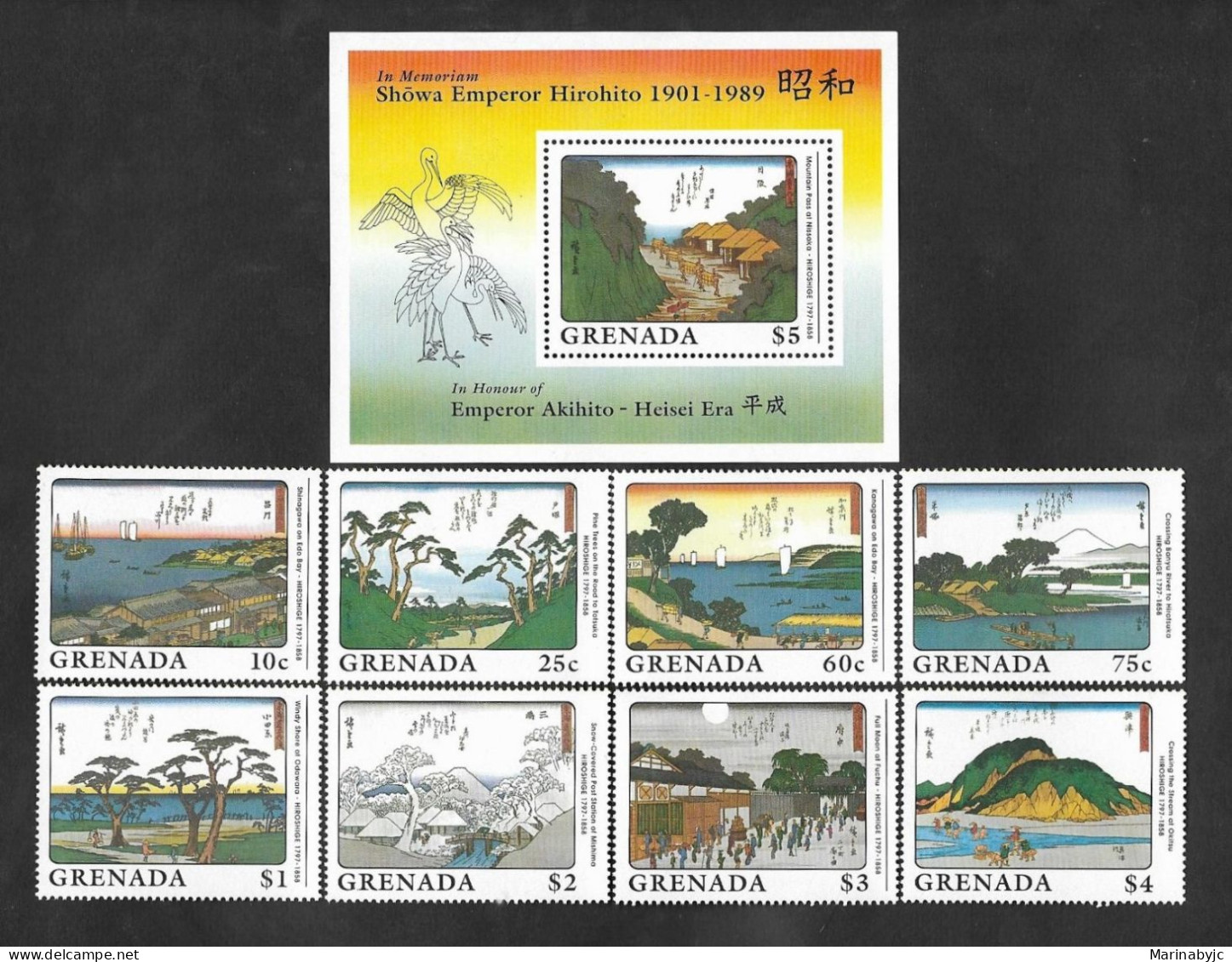 SE)1989 GRANADA, IN MEMORY OF EMPEROR AKIHITO, JAPANESE ART - HIROSHIGE PAINTINGS, SS AND 8 STAMPS MNH - Grenada (1974-...)