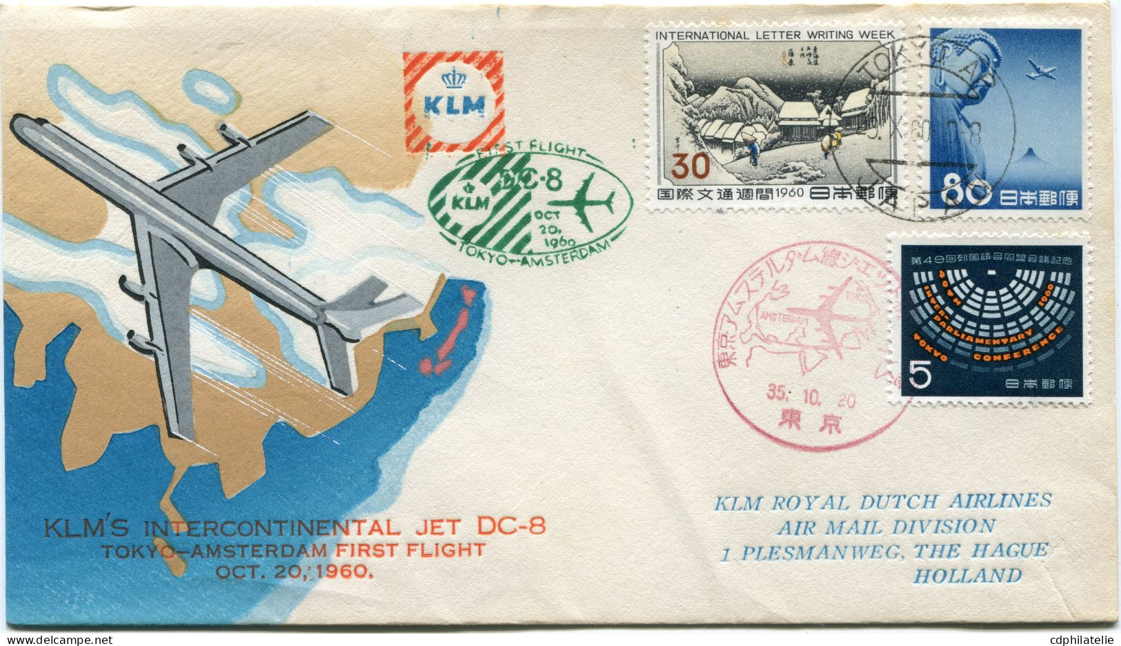 JAPON ENVELOPPE AVEC CACHET " FIRST FLIGHT DC 8 KLM OCT 20 1960 TOKYO-AMSTERDAM " DEPART TOKYO 23 X 60 JAPAN POUR  LES.. - Lettres & Documents